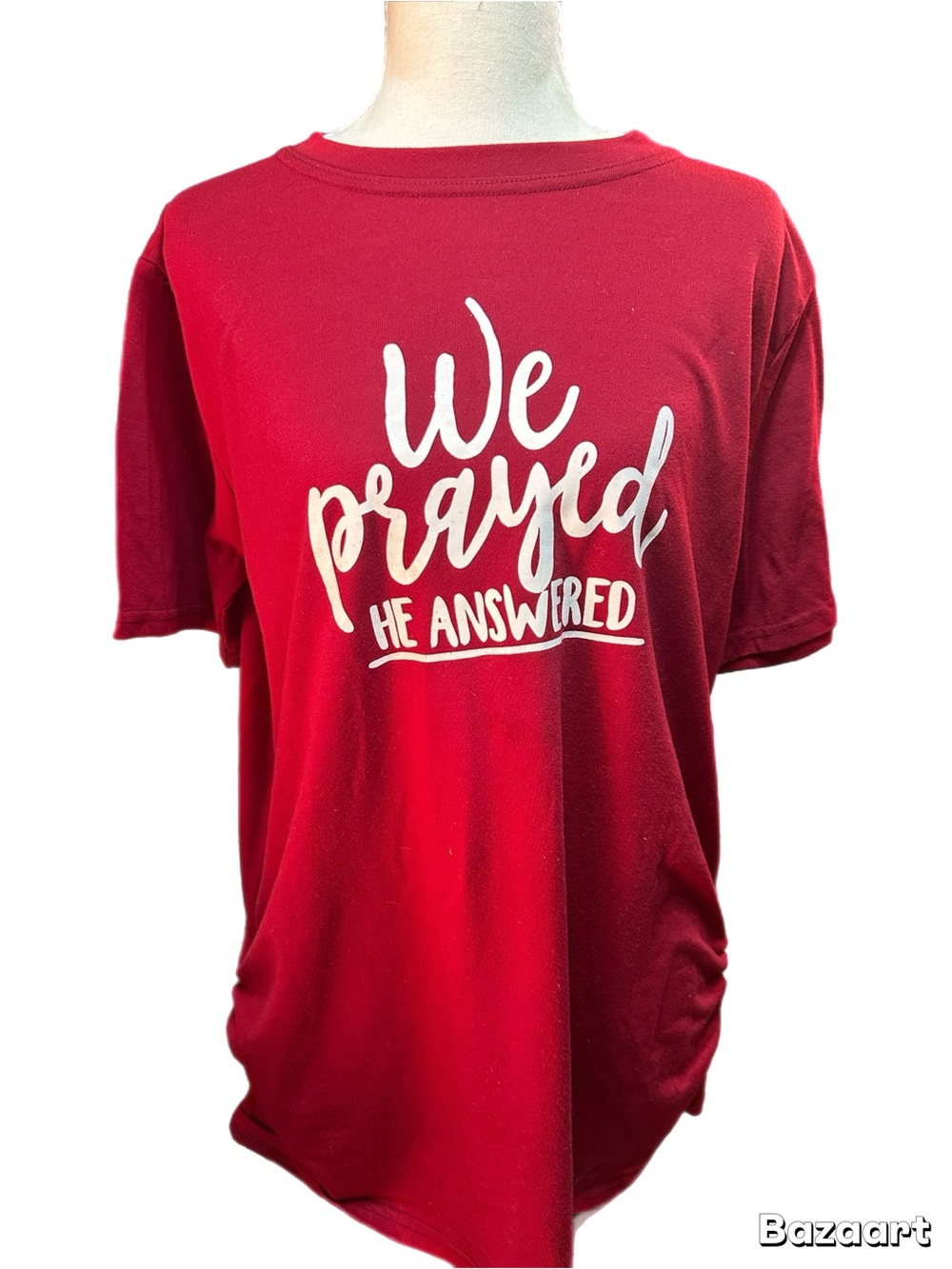 Women’s maternity “We Prayed He Answered” Red Graphic T‑Shirt  LG